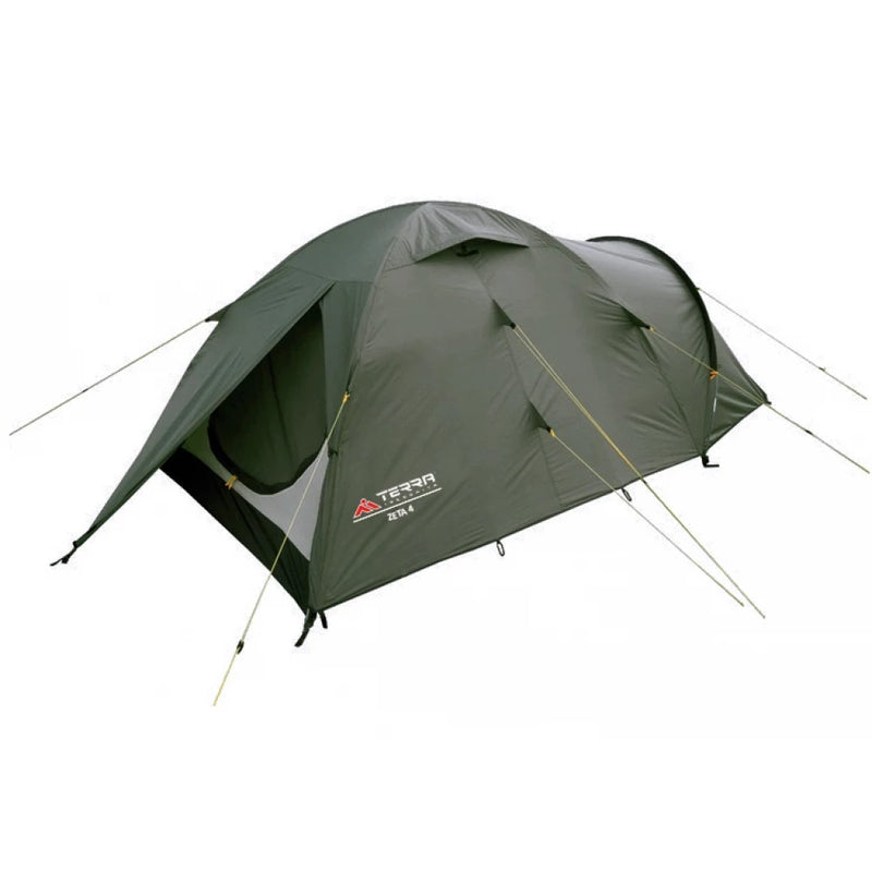 Load image into Gallery viewer, Front view of Zeta 4-person tent with open vestibule showing inner tent entrance
